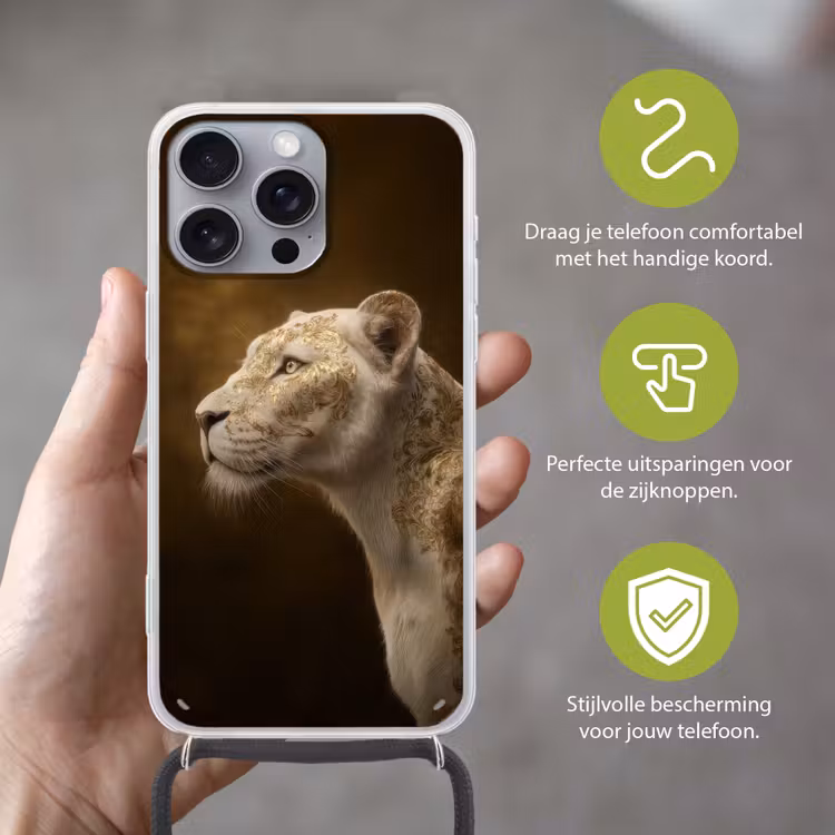 Leeuwin - Bloemen - Wit - Goud Hoesje iPhone 16 Pro Max met koord klein -sfeer2_NL