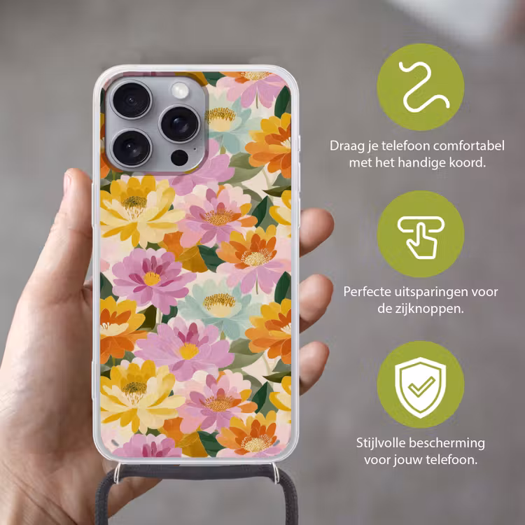 Lelies - Aquarel - Pastel Hoesje iPhone 16 Pro Max met koord klein 804 -sfeer2_NL