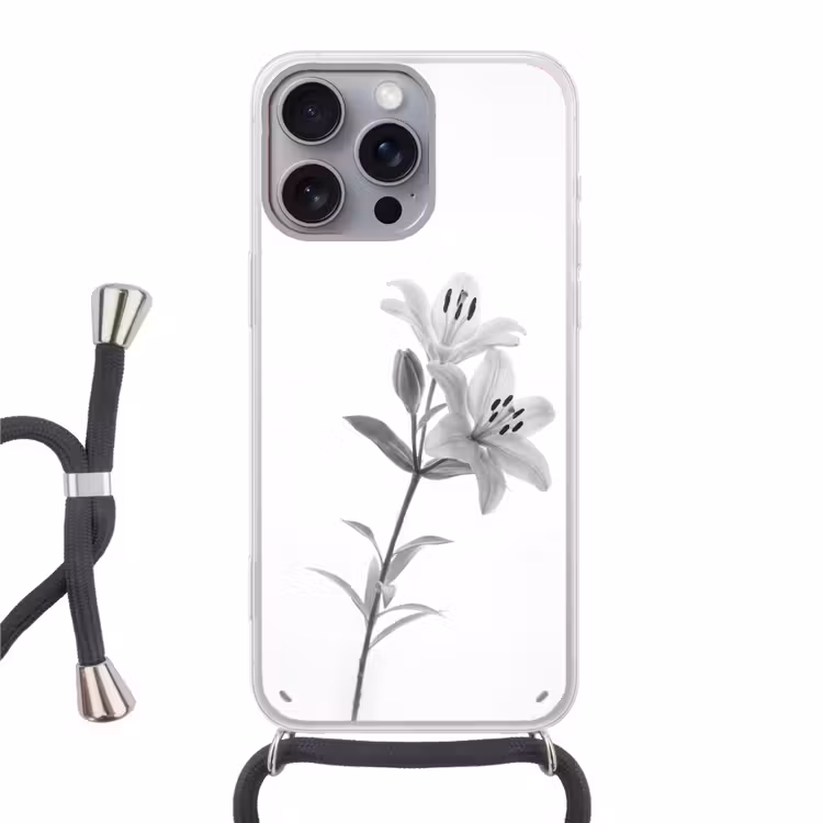 Lelies - Elegant - Zwart - Wit Hoesje iPhone 16 Pro Max met koord klein -3d