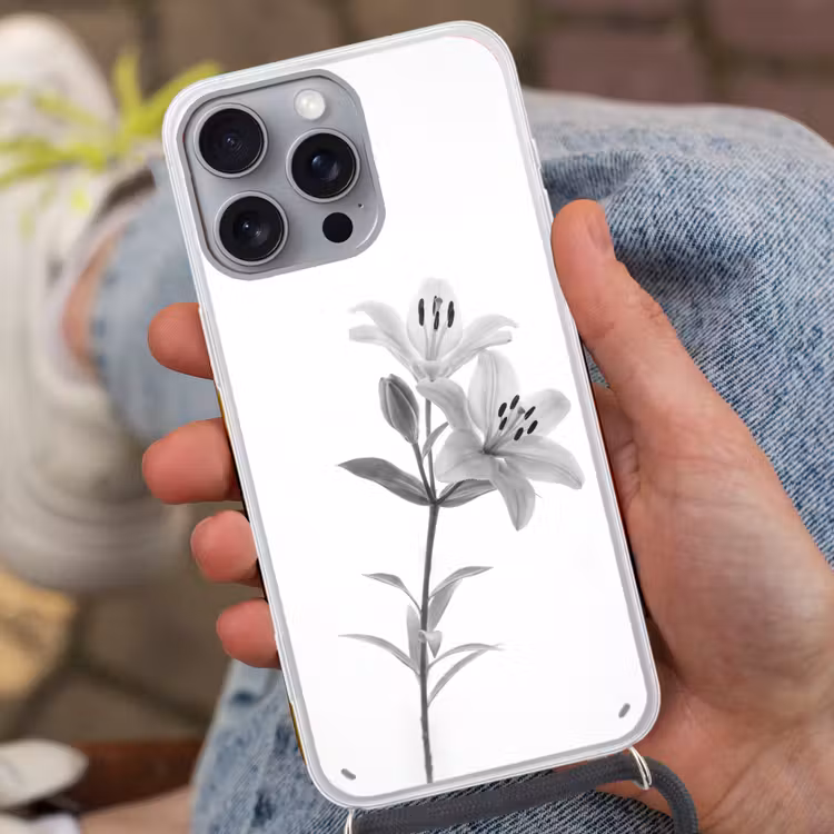 Lelies - Elegant - Zwart - Wit Hoesje iPhone 16 Pro Max met koord klein -sfeer3