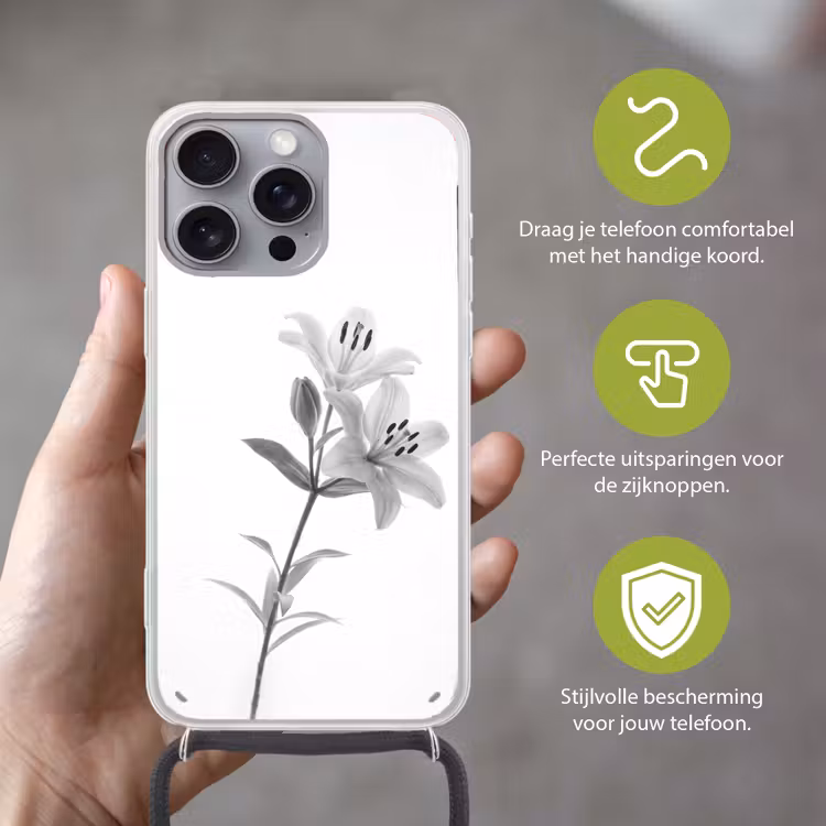 Lelies - Elegant - Zwart - Wit Hoesje iPhone 16 Pro Max met koord klein -sfeer2_NL