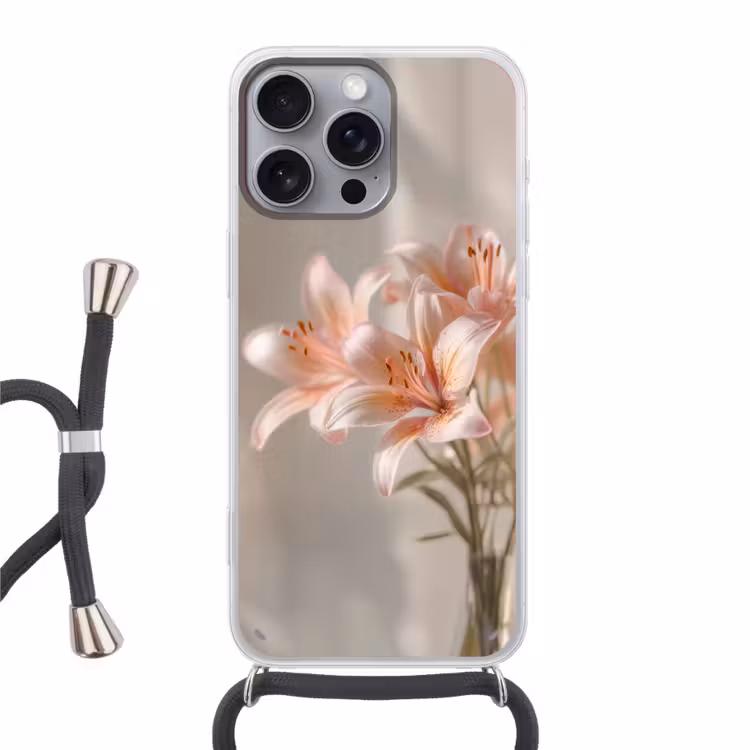 Lelies - Meeldraden - Roze - Wazig Hoesje iPhone 16 Pro Max met koord klein -3d