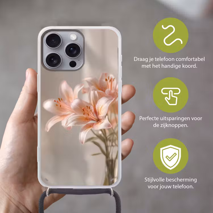 Lelies - Meeldraden - Roze - Wazig Hoesje iPhone 16 Pro Max met koord klein -sfeer2_NL
