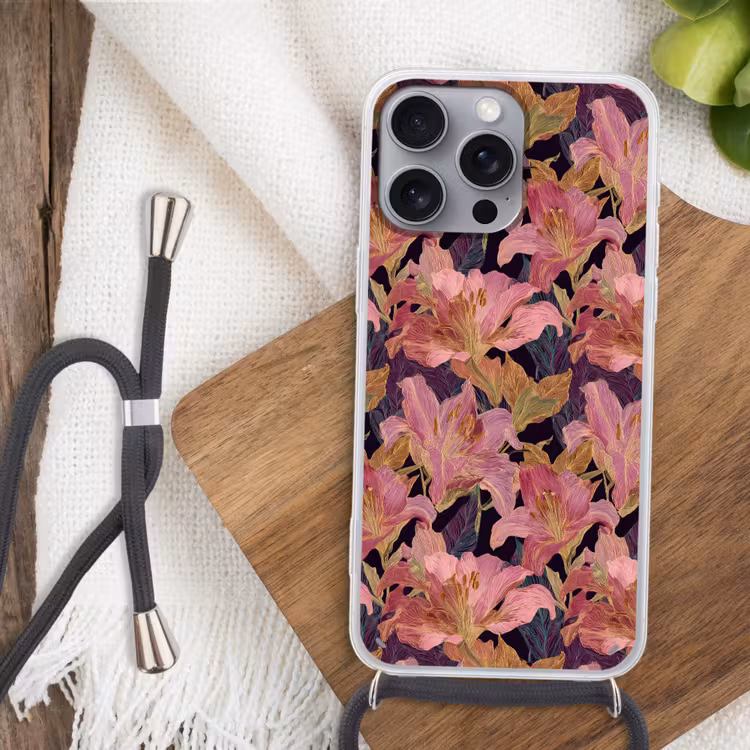 Lelies - Patroon - Roze - Goud Hoesje iPhone 16 Pro Max met koord klein 804 -sfeer4