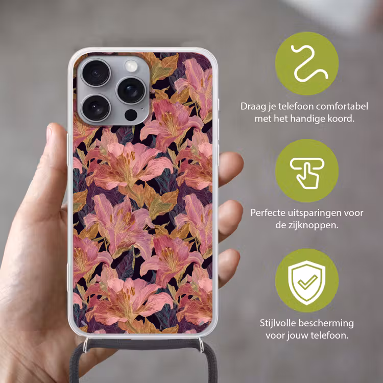 Lelies - Patroon - Roze - Goud Hoesje iPhone 16 Pro Max met koord klein 804 -sfeer2_NL