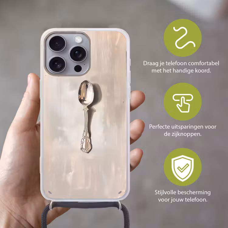 Lepel - Verf - Zilver Hoesje iPhone 16 Pro Max met koord klein -sfeer2_NL