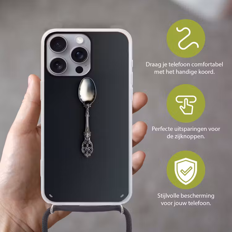 Lepel - Zilver - Metaal Hoesje iPhone 16 Pro Max met koord klein -sfeer2_NL