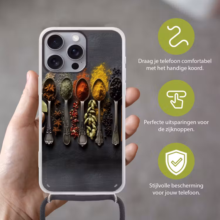Lepels - Specerijen - Kaneel - Chili Hoesje iPhone 16 Pro Max met koord klein -sfeer2_NL