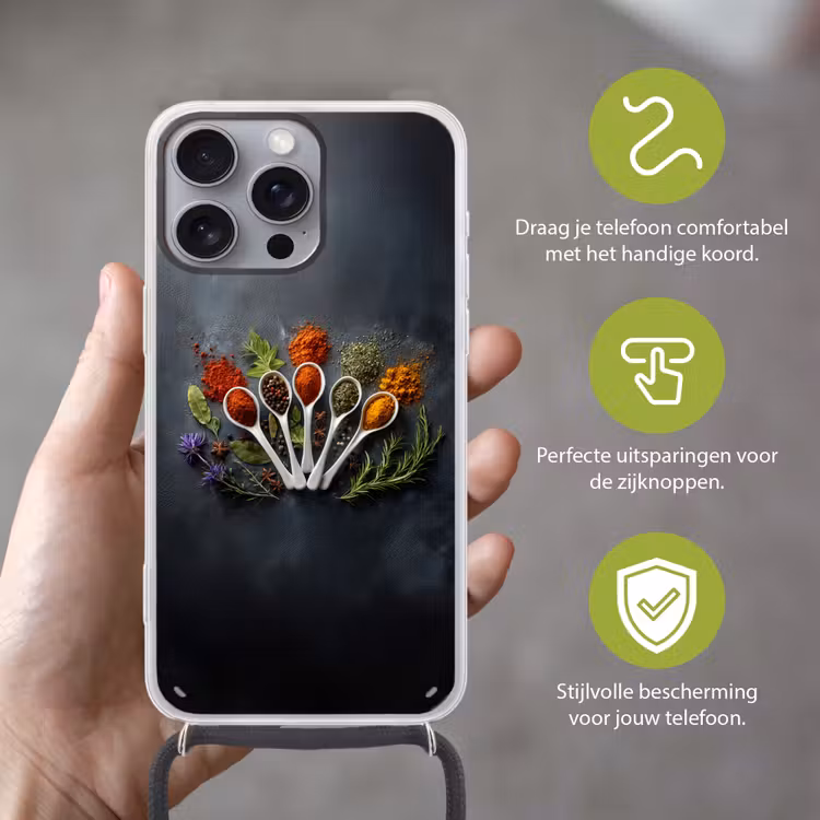 Lepels - Wit - Poeder - Kruiden Hoesje iPhone 16 Pro Max met koord klein -sfeer2_NL