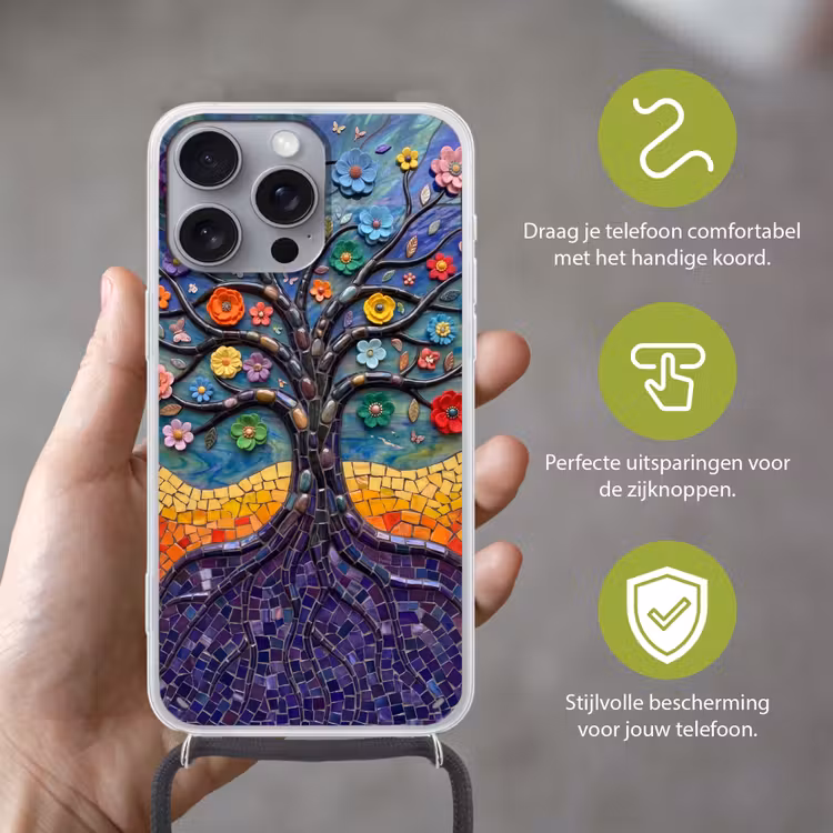 Levensboom - Mozaïek - Bloemen - Kleurrijk - Vrolijk Hoesje iPhone 16 Pro Max met koord klein -sfeer2_NL