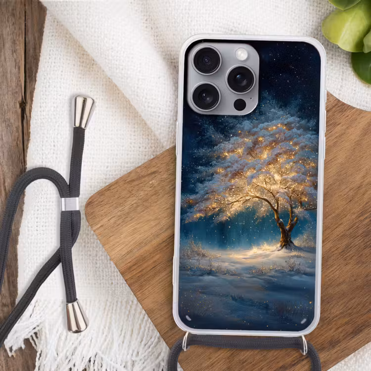 Levensboom - Nacht - Donker - Blauw Hoesje iPhone 16 Pro Max met koord klein -sfeer4