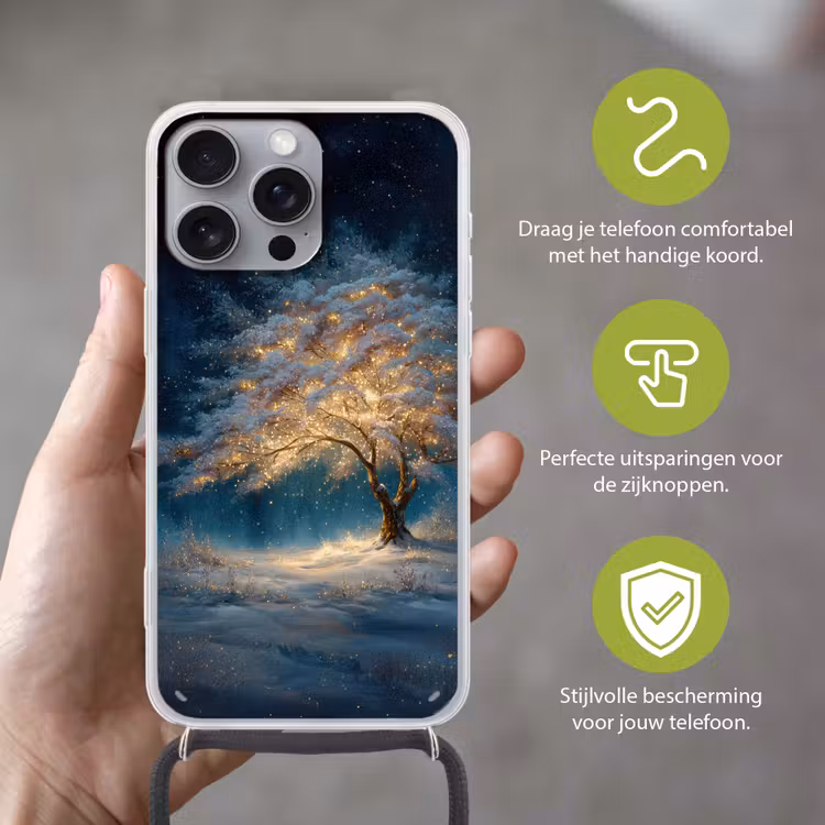 Levensboom - Nacht - Donker - Blauw Hoesje iPhone 16 Pro Max met koord klein -sfeer2_NL