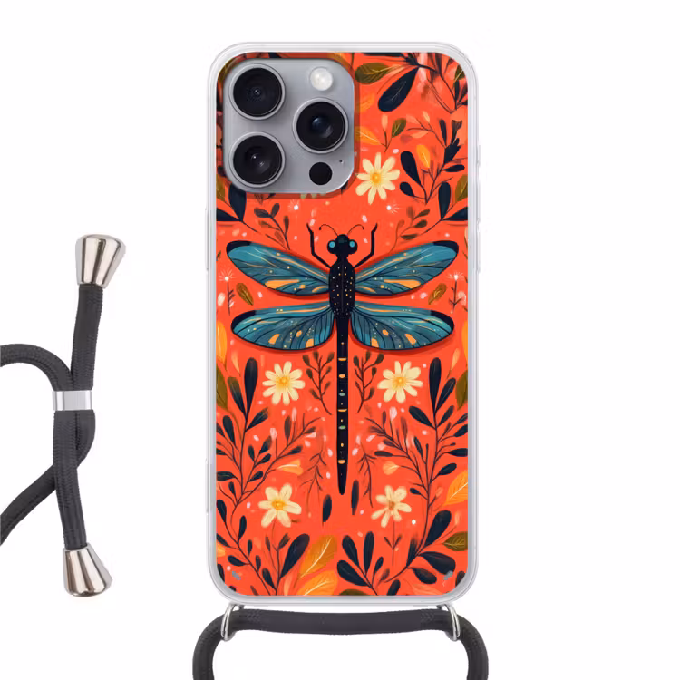 Libel - Blauw - Vleugels - Bladeren Hoesje iPhone 16 Pro Max met koord klein -3d