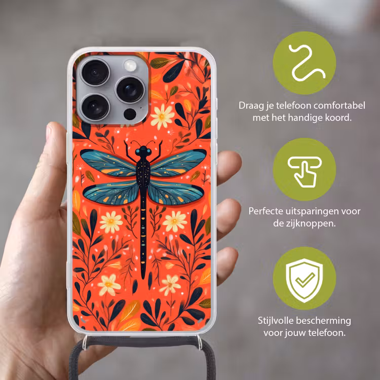 Libel - Blauw - Vleugels - Bladeren Hoesje iPhone 16 Pro Max met koord klein -sfeer2_NL