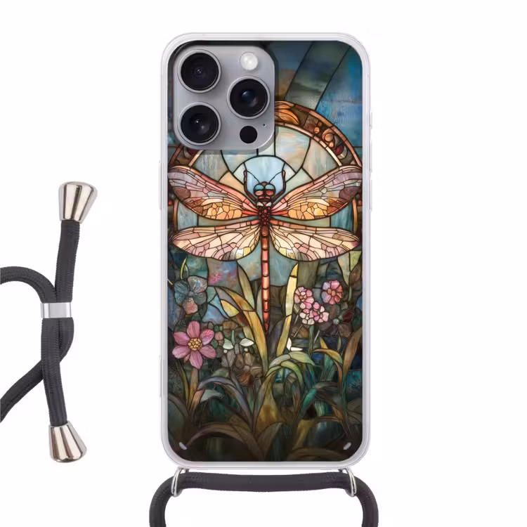 Libelle - Mozaïek - Bloemen - Kleurrijk Hoesje iPhone 16 Pro Max met koord klein -3d