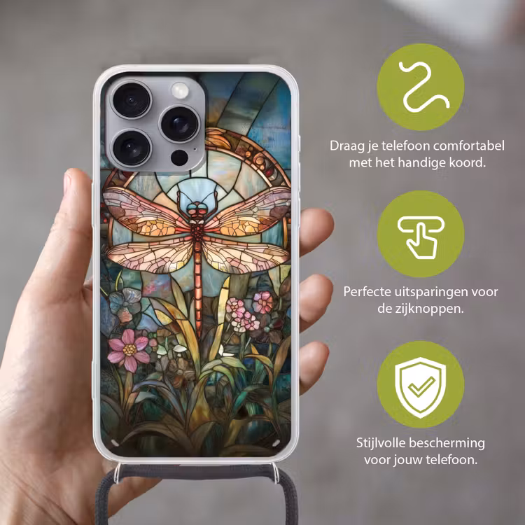 Libelle - Mozaïek - Bloemen - Kleurrijk Hoesje iPhone 16 Pro Max met koord klein -sfeer2_NL