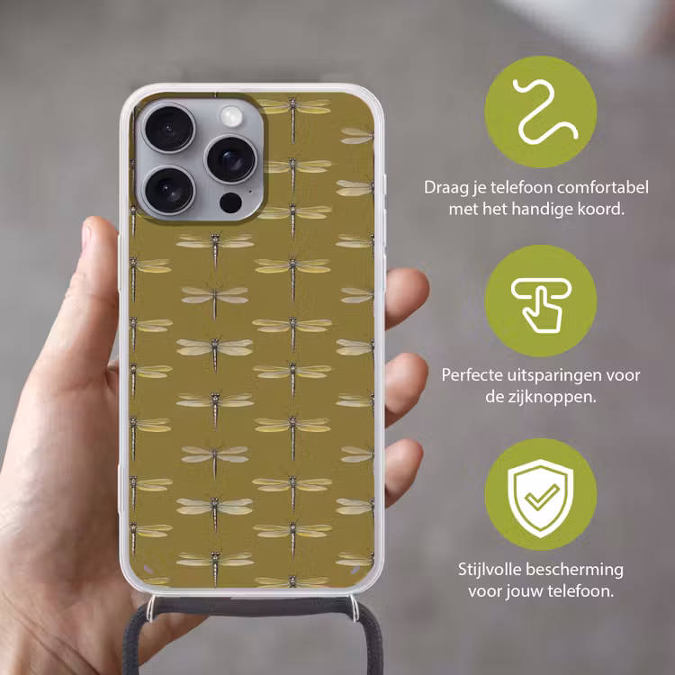 Libellen - Patroon - Groen Hoesje iPhone 16 Pro Max met koord klein 804 -sfeer2_NL