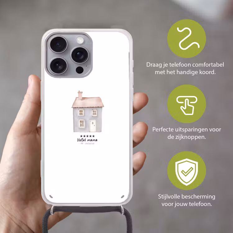 Lichtblauw - Huisje - Mama - Tekst Hoesje iPhone 16 Pro Max met koord klein -sfeer2_NL