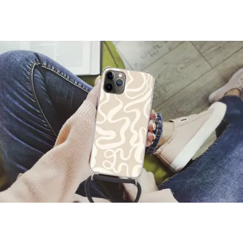 Lijnen - Abstract - Beige - Wit - Minimalistisch Hoesje iPhone 12 Pro met koord klein -hand