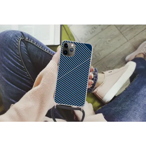 Lijnen - Abstract - Blauw - Wit - Minimalistisch Hoesje iPhone 12 Pro met koord klein -hand