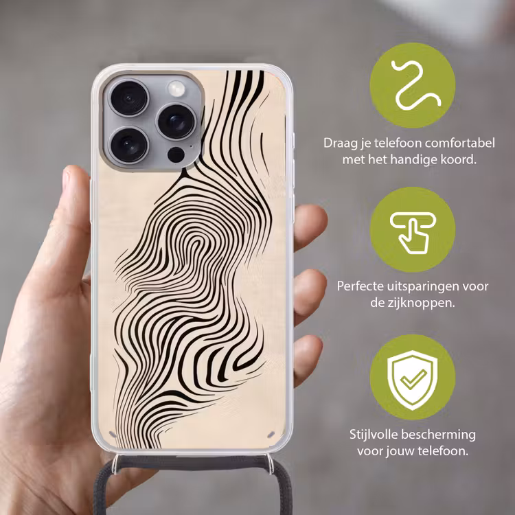 Lijnen - Abstract - Golvend - Zwart Hoesje iPhone 16 Pro Max met koord klein -sfeer2_NL