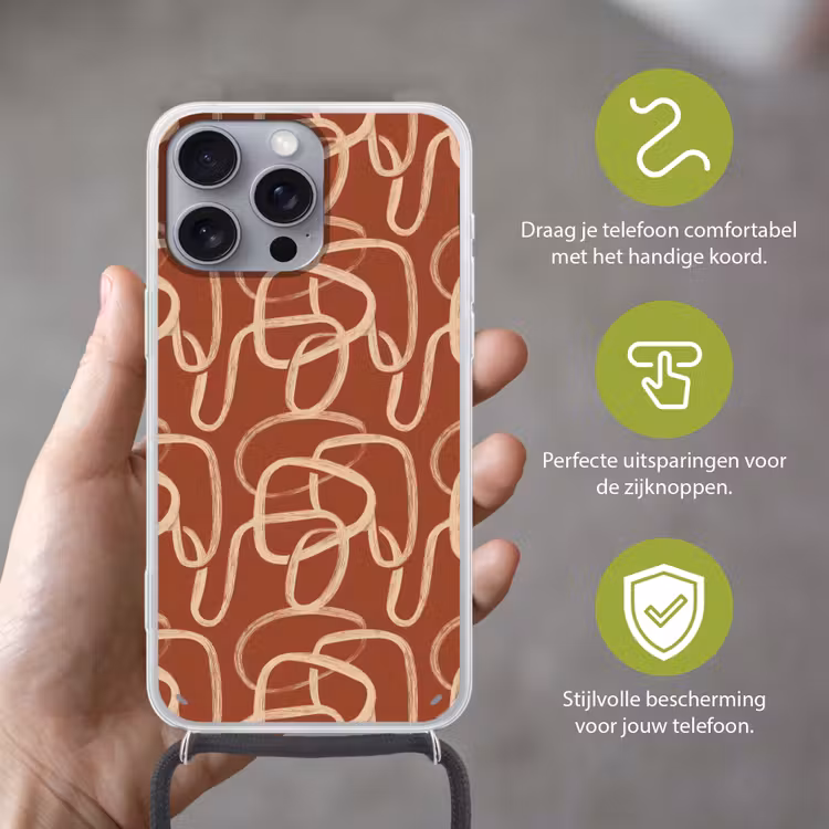 Lijnen - Abstract - Organisch - Terracotta - Crème Hoesje iPhone 16 Pro Max met koord klein 804 -sfeer2_NL