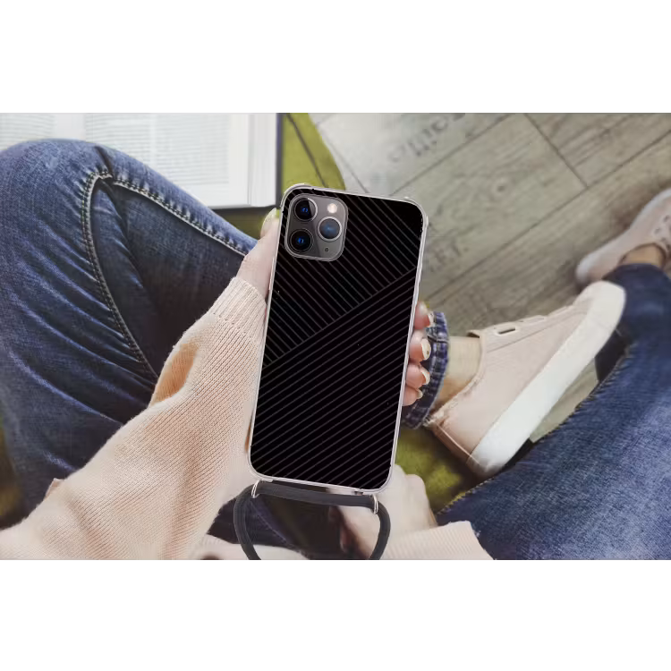 Lijnen - Abstract - Zwart - Grijs - Minimalistisch Hoesje iPhone 12 Pro met koord klein -hand