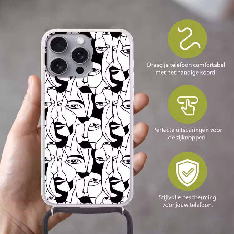 Lijnen - Gezichten - Zwart - Wit Hoesje iPhone 16 Pro Max met koord klein 804 -sfeer2_NL