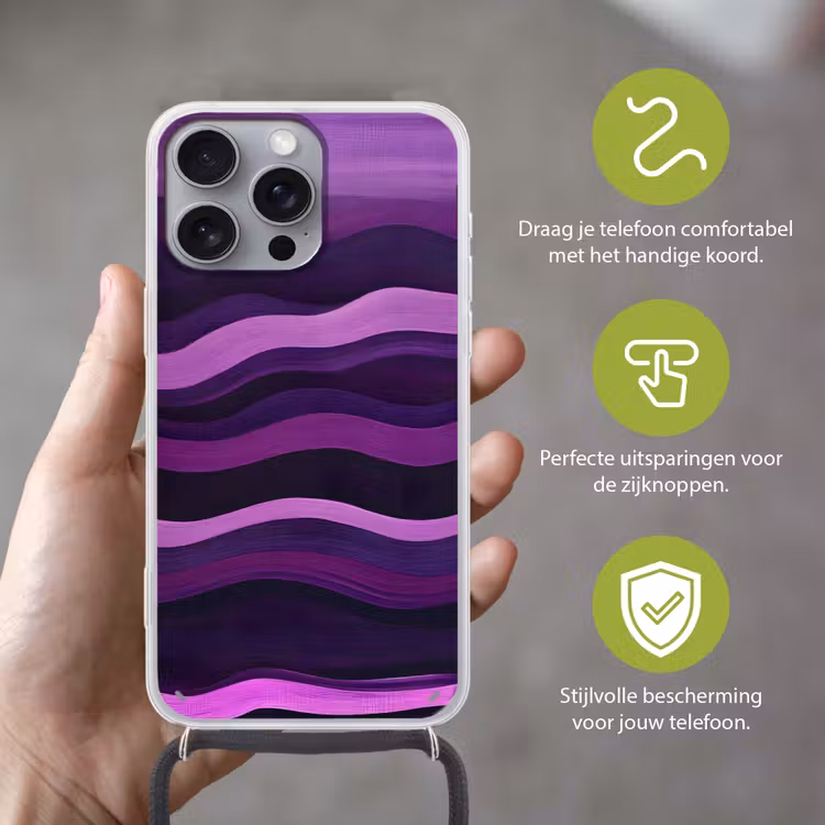 Lijnen - Golven - Paars - Abstract Hoesje iPhone 16 Pro Max met koord klein -sfeer2_NL