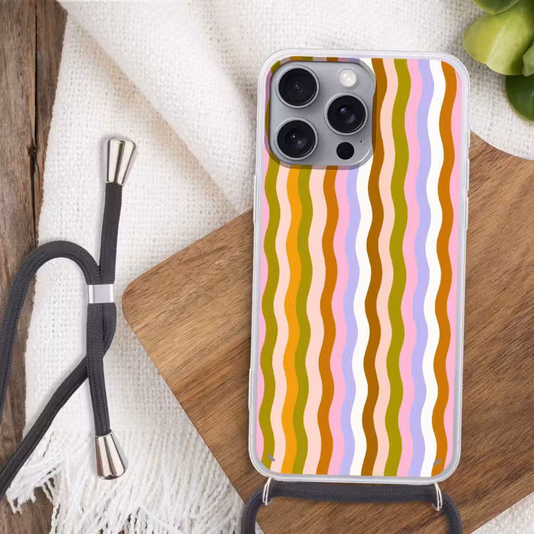 lijnen - Golven - Pastelkleuren - Patroon Hoesje iPhone 16 Pro Max met koord klein -sfeer4