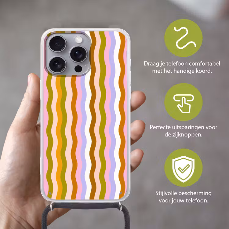 lijnen - Golven - Pastelkleuren - Patroon Hoesje iPhone 16 Pro Max met koord klein -sfeer2_NL