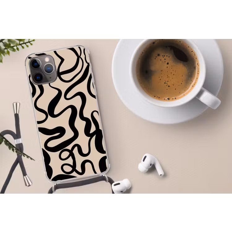 Lijnen - Zwart - Beige - Abstract - Minimalistisch Hoesje iPhone 12 Pro met koord klein -oordop