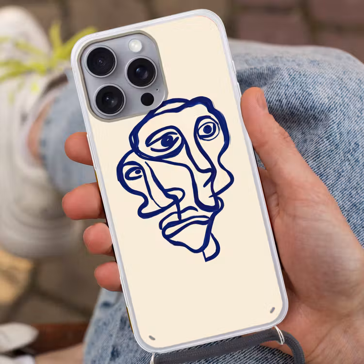 Lijntekening - Overlappende gezichten - Donkerblauw Hoesje iPhone 16 Pro Max met koord klein -sfeer3