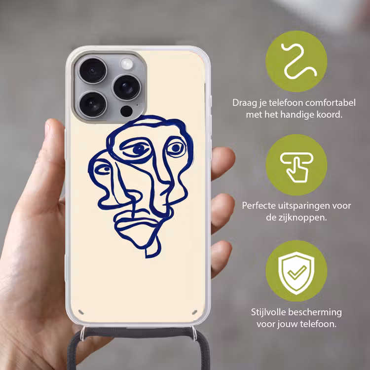Lijntekening - Overlappende gezichten - Donkerblauw Hoesje iPhone 16 Pro Max met koord klein -sfeer2_NL