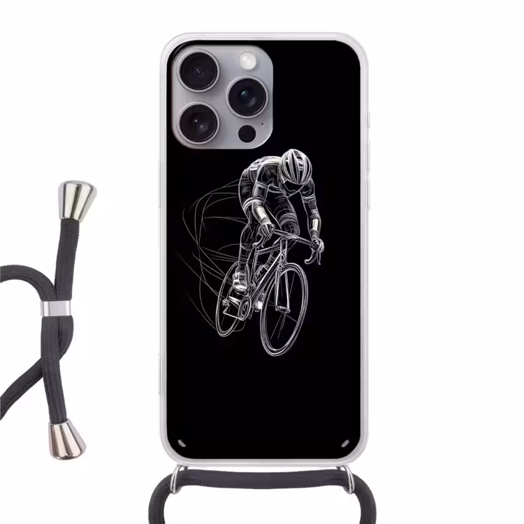 Lijntekening - Wit - Wielrennen - Snelheid Hoesje iPhone 16 Pro Max met koord klein -3d