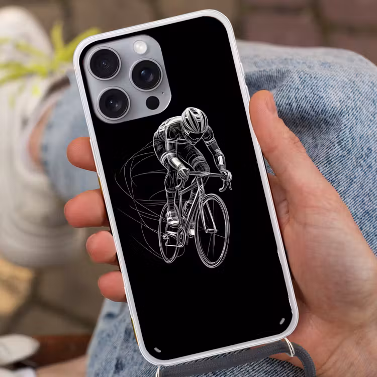 Lijntekening - Wit - Wielrennen - Snelheid Hoesje iPhone 16 Pro Max met koord klein -sfeer3