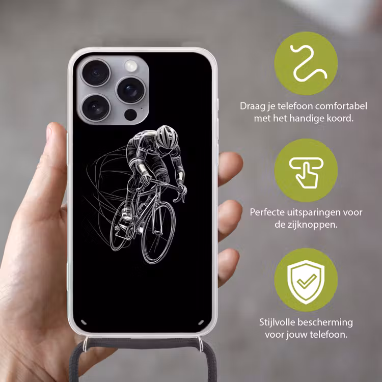 Lijntekening - Wit - Wielrennen - Snelheid Hoesje iPhone 16 Pro Max met koord klein -sfeer2_NL