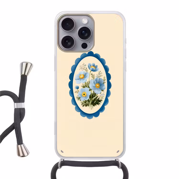 Lijst - Bloemen - Lichtblauw - Illustratie Hoesje iPhone 16 Pro Max met koord klein -3d
