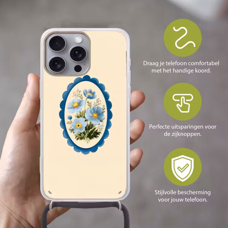 Lijst - Bloemen - Lichtblauw - Illustratie Hoesje iPhone 16 Pro Max met koord klein -sfeer2_NL