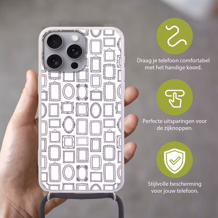 Lijsten - Patroon - Decoratie - Schets - Zwart-wit Hoesje iPhone 16 Pro Max met koord klein -sfeer2_NL