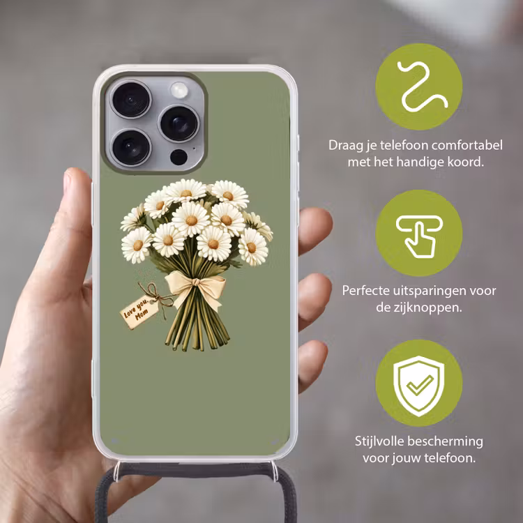 Lint - Boeket - Groen - Quote Hoesje iPhone 16 Pro Max met koord klein -sfeer2_NL
