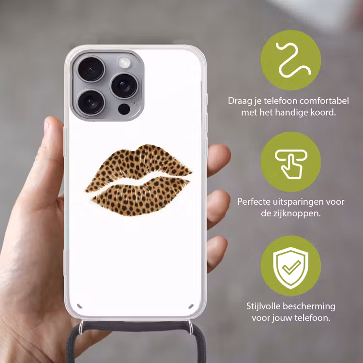 Lip - Panterprint - Minimalistisch - Wit Hoesje iPhone 16 Pro Max met koord klein -sfeer2_NL