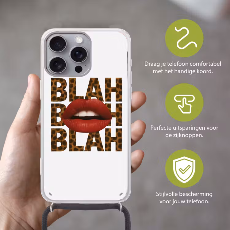 Lip - Rood - Quote Hoesje iPhone 16 Pro Max met koord klein -sfeer2_NL