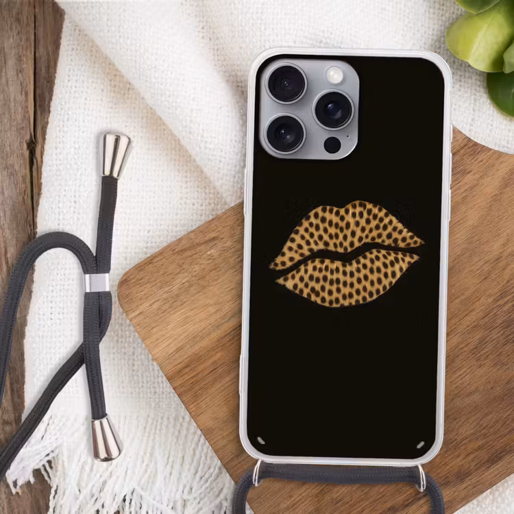 lip - Zwart - Panterprint Hoesje iPhone 16 Pro Max met koord klein -sfeer4