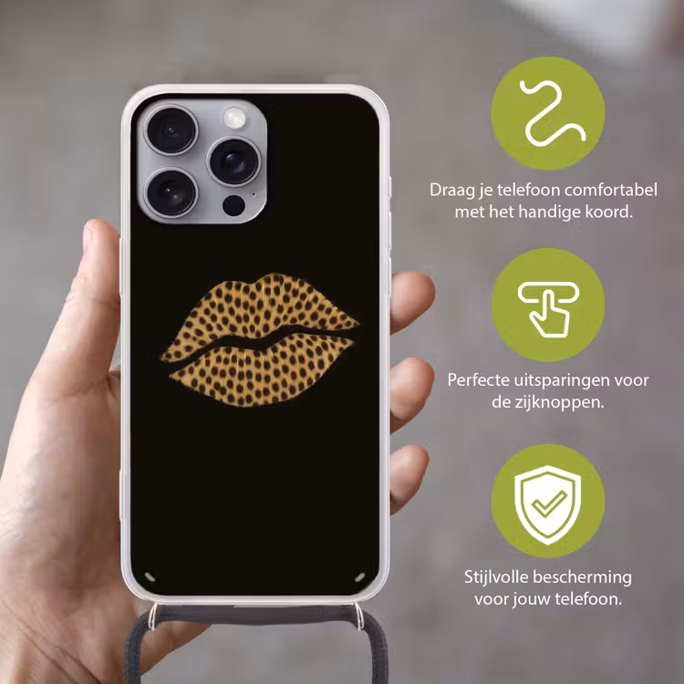 lip - Zwart - Panterprint Hoesje iPhone 16 Pro Max met koord klein -sfeer2_NL