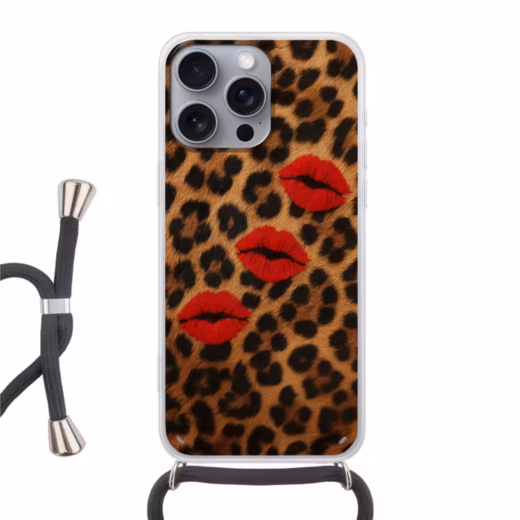 Lippen - Drie - Rood - Panterprint Hoesje iPhone 16 Pro Max met koord klein -3d
