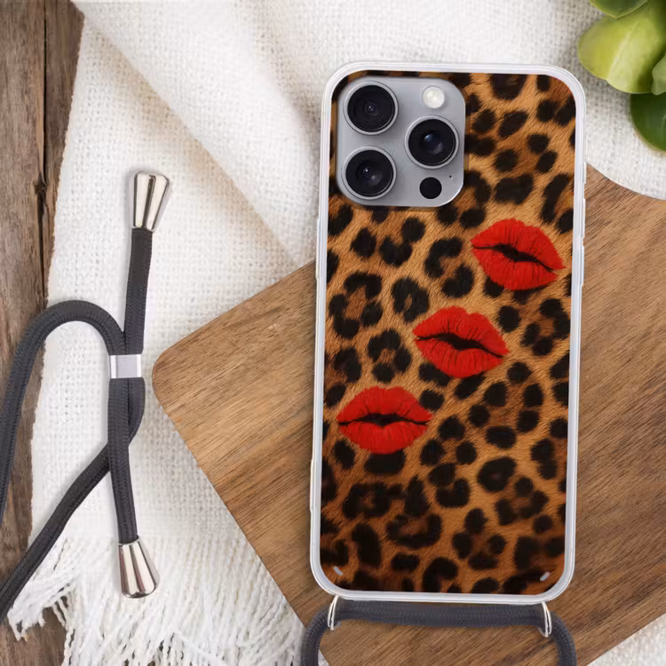 Lippen - Drie - Rood - Panterprint Hoesje iPhone 16 Pro Max met koord klein -sfeer4