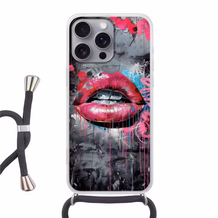 Lippen - Felroze - Graffiti - Verfstrepen Hoesje iPhone 16 Pro Max met koord klein -3d