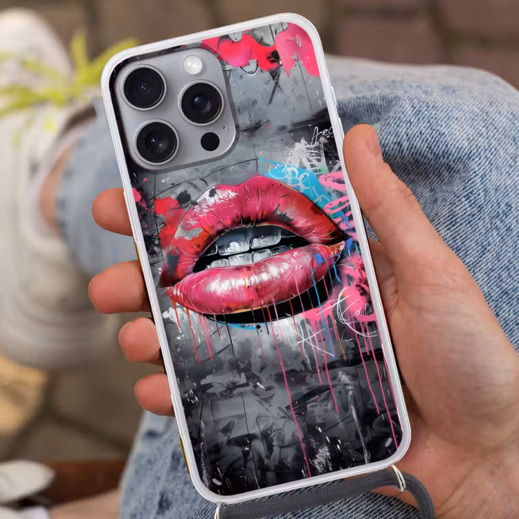 Lippen - Felroze - Graffiti - Verfstrepen Hoesje iPhone 16 Pro Max met koord klein -sfeer3