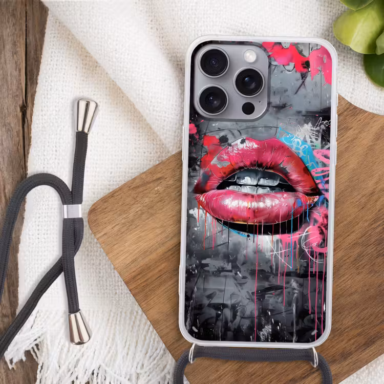 Lippen - Felroze - Graffiti - Verfstrepen Hoesje iPhone 16 Pro Max met koord klein -sfeer4